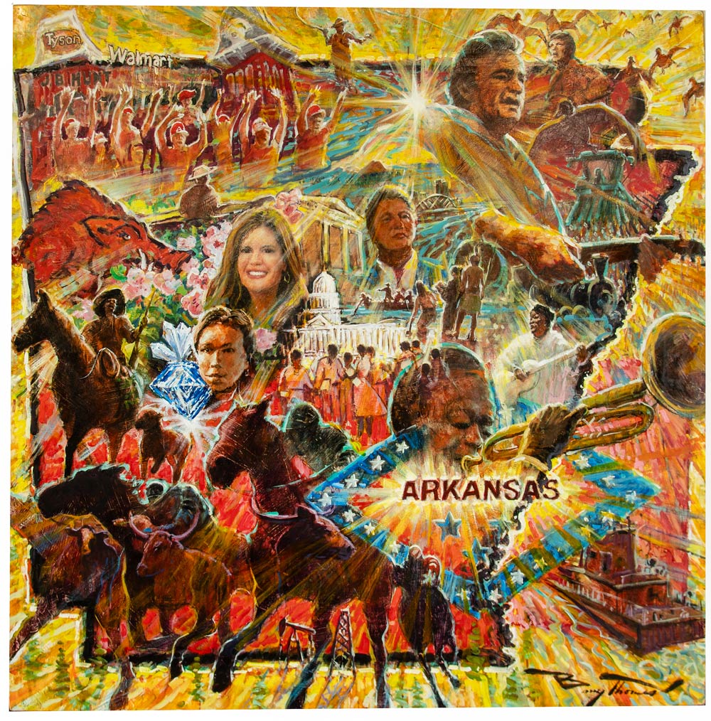 A painting of a montage that is imposed over the shape of the State of Arkansas, highlighting more than 40 cultural, economic, recreational, and political influences on Arkansas history over the last 250 years.
