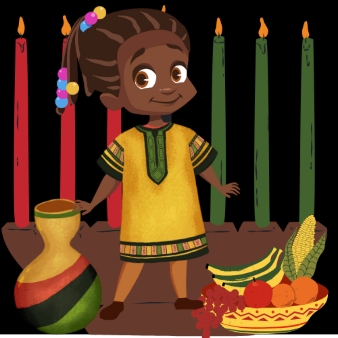 A young Black child standing in front of a unity candle between a bowl of fruit and a tall pot